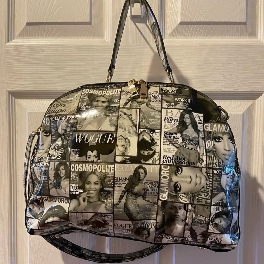Glossy Magazine Black and White collage large dome Satchel/shoulder bag .